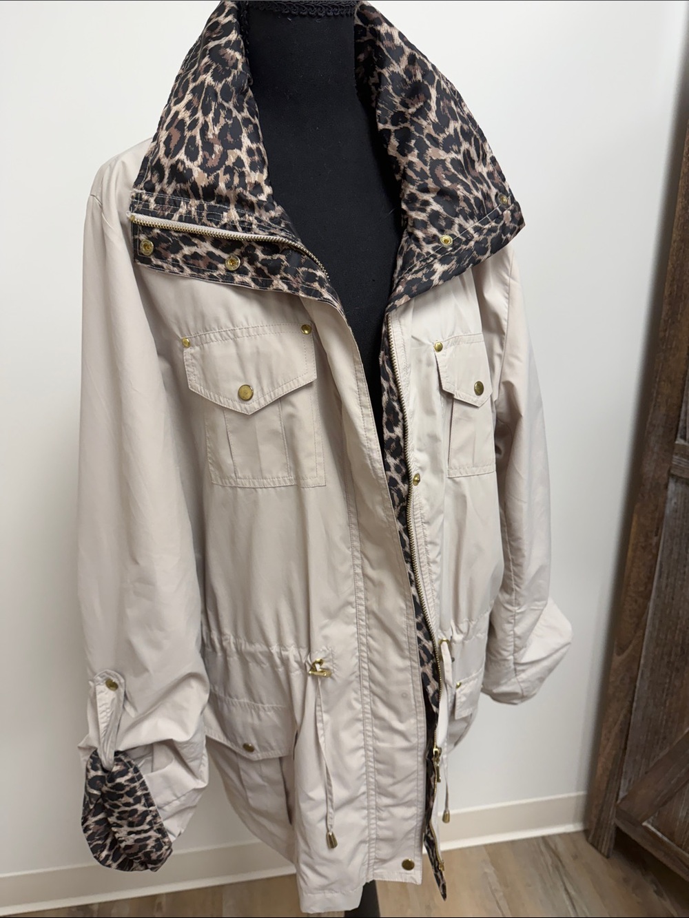 JM Collection Cream Utility Jacket with Leopard-Print Trim